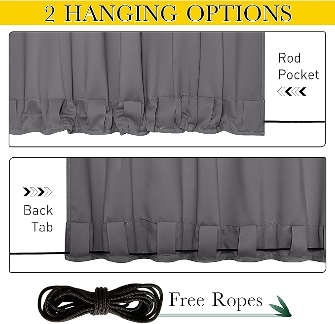NICETOWN 2 Panels Outdoor Curtains Grommet & Back Tab on Top & Bottom for Patio Waterproof, Thermal Insulated Windproof Blackout Outdoor Drapes Privacy with Rope for Fixed, W52 x L120, Grey