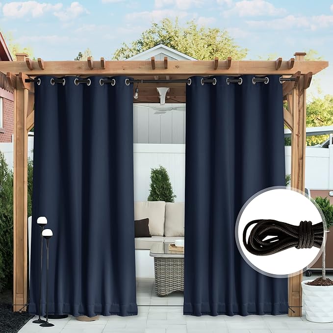 NICETOWN 2 Panels Outdoor Curtains for Patio Waterproof & Windproof, Thermal Insulated Top & Bottom Grommet & Back Tab Sun Blocking Outdoor Drapes with Fixed Rope for Gazebo, Navy Blue, W66 x L90