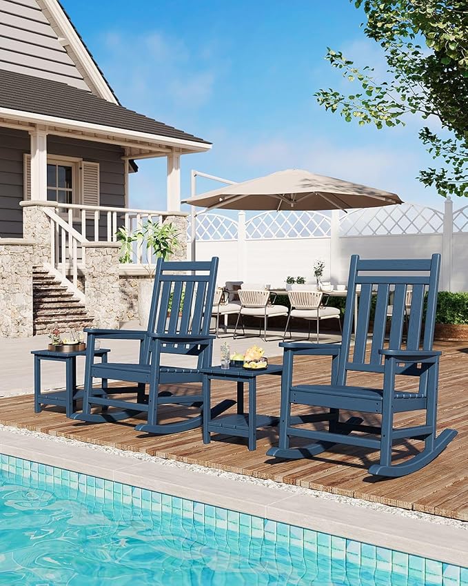 HDPE Rocking Chair Outdoor Set of 2 with Side Table - Poly High Back Porch Rocker Chairs for Adults - All Weather Resistant Furniture for Patio Front Porch - Navy Blue