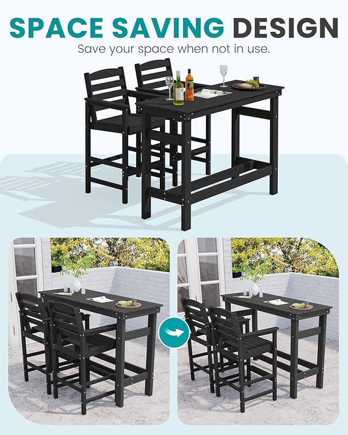 SERWALL 41" Outdoor Bar Table with 1.6" Umbrella Hole, HDPE Patio Bar Counter Height Table, All-Weather Rectangle Bar Table for Backyard, Garden, Poolside, Balcony - Black