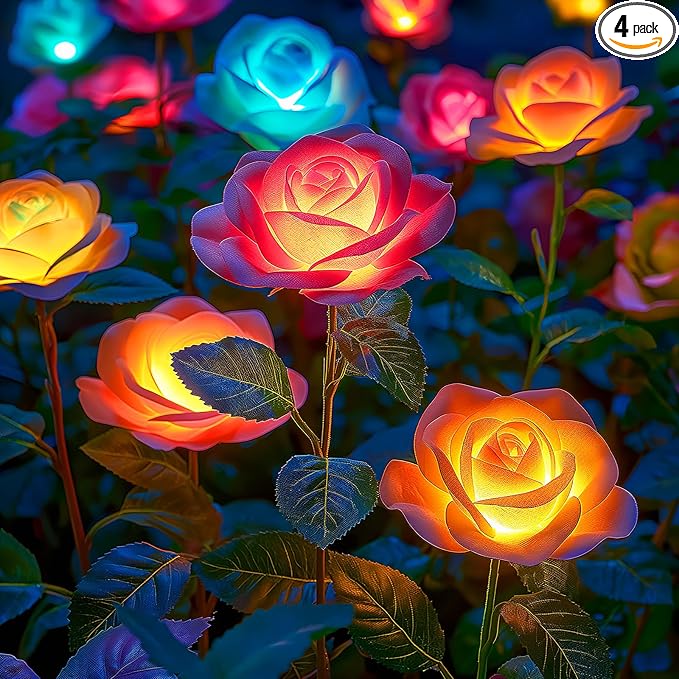 WdtPro Solar Garden Lights Outdoor, 4 Pack Solar Light Outdoor with 20 Rose Flowers, Waterproof 7 Color Changing Solar Powered Flowers Lights for Outside Patio Yard Pathway