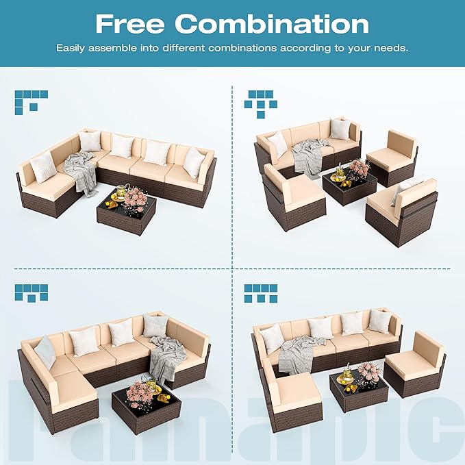 Pamapic Patio Furniture Set, 7 Pieces Modular Outdoor Sectional, Patio Sectional Sofa Conversation Set, Rattan Sofa with Coffee Table and Washable Cushions Covers (Brown Sugar)