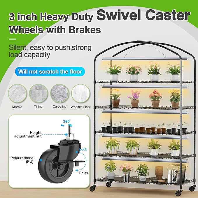 Abimars 5-Tier Greenhouse with Grow Light, Shelf Height Adjustable Metal Plant Shelf with PVC Cover and Wheels, Includes 5-Pack 2900K Full Spectrum Plant Lights, 21x60x80inch