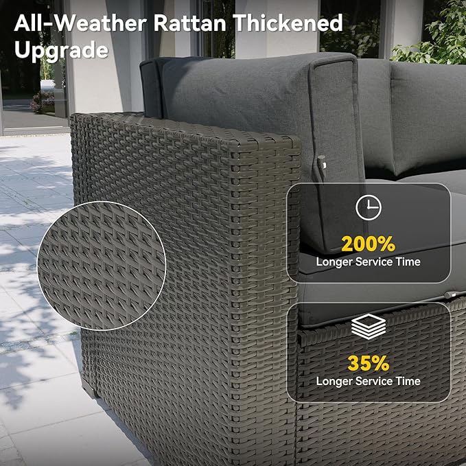 Aoxun Patio Furniture Set, 11 Piece Outdoor Sectional Sofas with Waterproof Cover, 10 Seats Wicker Rattan Outdoor Furniture Patio Conversation Set for Backyard, Garden Dark Grey