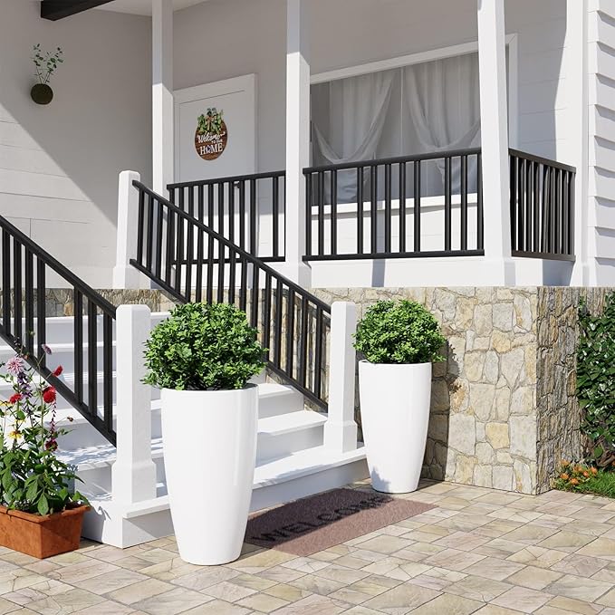 QCQHDU 21 inch Tall Planters for Outdoor & Indoor Plants, Set of 2 Large Outdoor Planters with Drainage Hole for Front Porch, Patio, Garden, White