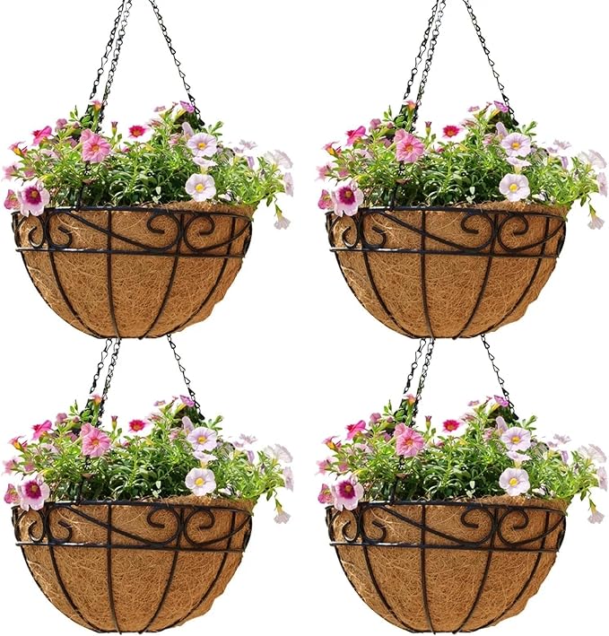 4 Pack 10 Inch Hanging Baskets for Plants Outdoor Metal Hanging Planter Hanging Flower Baskets with Coco Fiber Liners Chain Round Wire Plant Holder Hangings Flower Pots(Plaid)