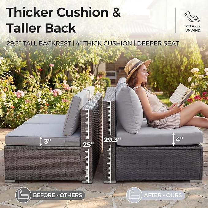 Nicesoul 6 Piece L Shaped Outdoor Patio Set with Firepit Table Natural Gas & Propane Convertible, 29.3'' High-Back Rattan Sectional Sofa, All Weather Deep Seats XL Large Conversation for Outside, Grey
