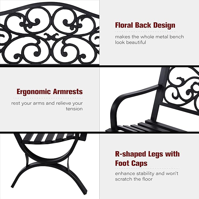 Sophia & William 50" Outdoor Garden Bench Patio Park Bench, Cast Iron Metal Frame Furniture with Floral Design Backrest for Porch Yard Lawn Deck, Black