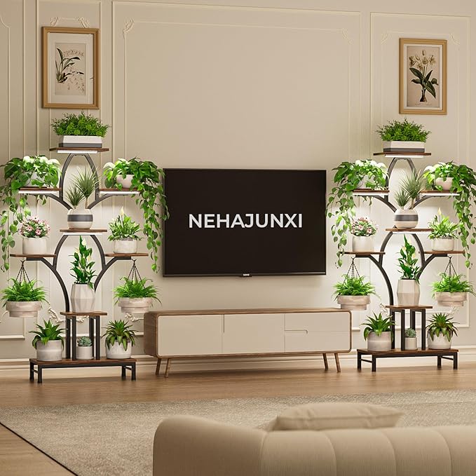 Plant Stand Indoor with 4 Grow Lights - 63" Tall Plant Shelf- 8 Tiered Corner Plant Flower Stands Display Shelves for Home, Patio (Brown)