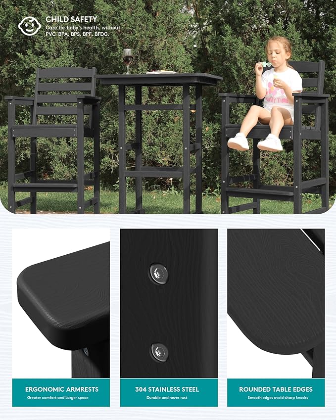 SERWALL Balcony Adirondack Chairs and Table 3 Pieces Set, Adirondack Bar Height Chairs Set of 2 and Bar Table, Outdoor Bar Stools Set for Bistro, Poolside, Backyard, Black