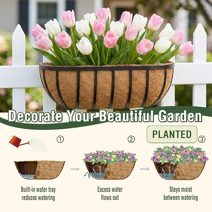 2 Pcs 30 Inch Trough Coco Liner for Window Box, 100% Natural Half Moon Coconut Coir Planter, Replaceable Coconut Fiber Liner for Window Boxes & Fence Flower Baskets (2, 30 inch)
