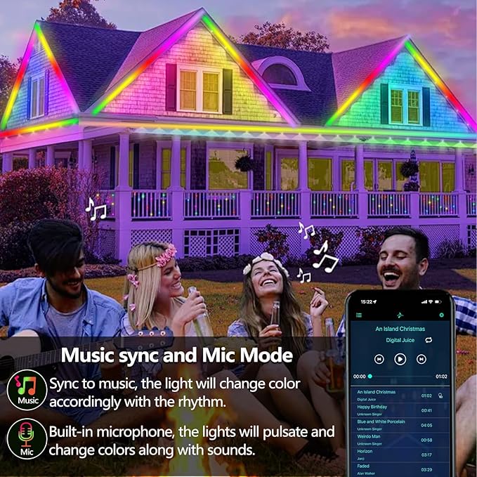 50FT Outdoor LED Strip Light Waterproof,IP68 Outside RGB+IC Light Strip with App/Remote Control,Chase Mode,Music Sync Rope Light for Balcony,Deck,Rooftop,Garden,Pool