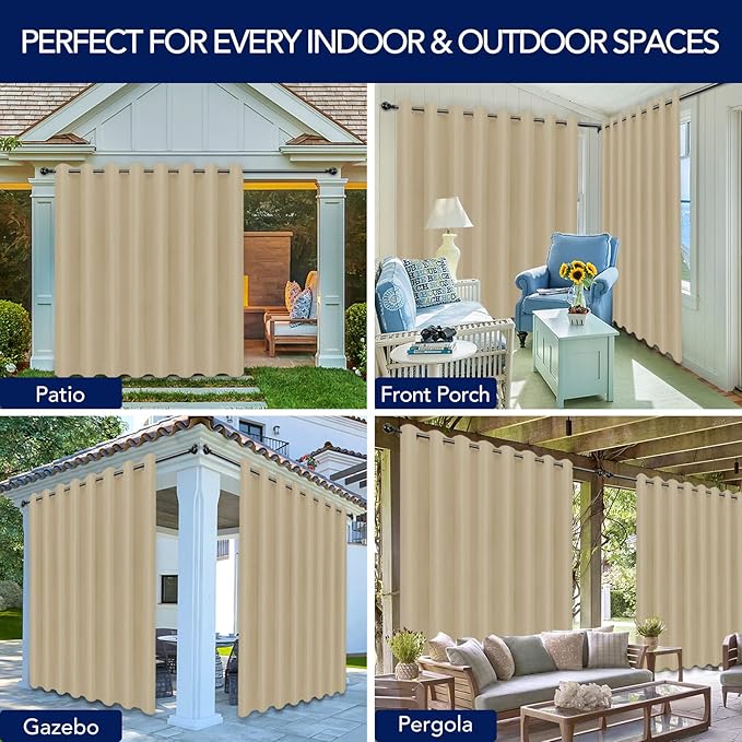 PureFit Outdoor Curtains for Patio Waterproof Weatherproof, UV Resistant Outside Curtains for Gazebo, Front Porch, Pergola, Sun Blocking Privacy Curtain, 120W x 108L inch, 1 Panel, Beige