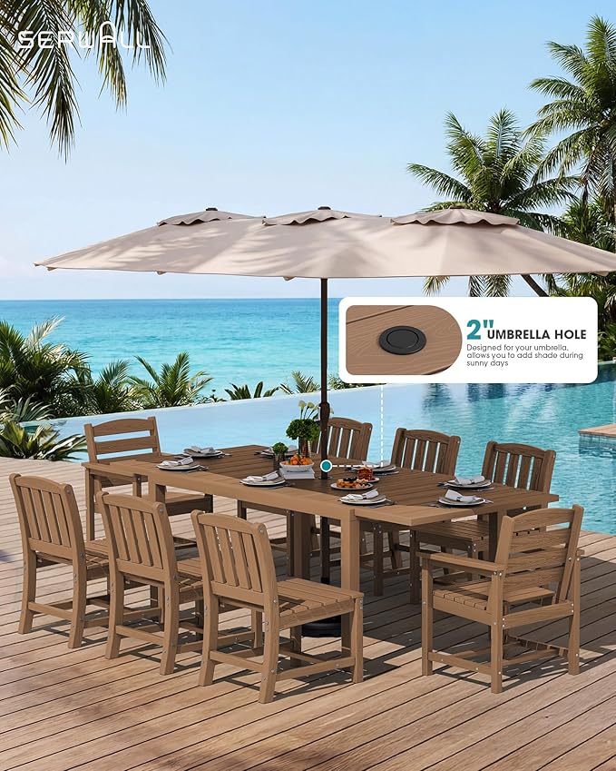 SERWALL 9-Piece Outdoor Dining Set, 60" - 83" Expandable Outdoor Dining Table and 8 HDPE Chairs, All Weather HDPE Outdoor Furniture Set for Backyard, Garden, Brown
