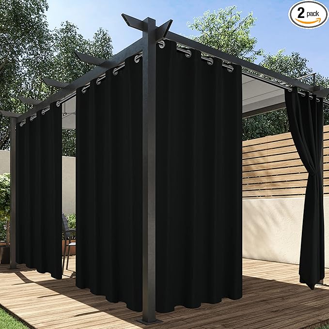 HolidayIdeas Outdoor Curtains for Patio Waterproof, 2 Panels - 84 x 95 Inch - Privacy Protection & Light Filtering Curtains Grommet Outside Curtains for Porch, Gazebo, Pergola, Backyard (Black)