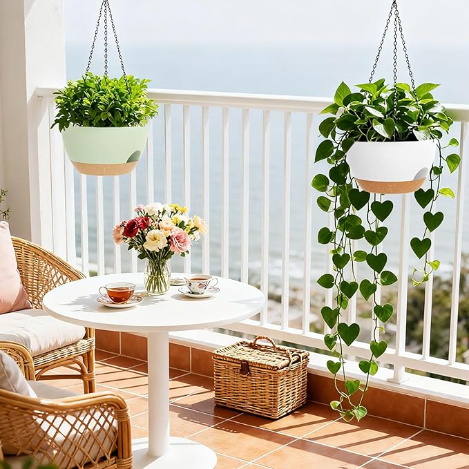 8 Inch Hanging Planters for Indoor Outdoor Plants, 4 Pack Plastic Self Watering Hanging Baskets with Drainage Holes and Chain for Garden Porch