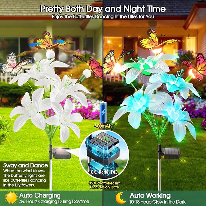 Garpar Solar Lights Outdoor Decorative, Upgraded 4 Pack Flowers with 16 Color Changing Lilies and 12 Butterflies, Brighter Waterproof Garden Decor for Yard Lawn Pathway, Gift for Mom Women Grandma