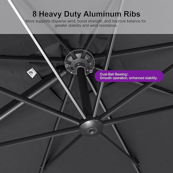 PURPLE LEAF 9 FT Outdoor Umbrella with Base Patio Cantilever Aluminum Umbrella with 3 Years Fade Resistance Recycled Fabric Offset Square with 360-degree Rotation for Deck Pool Garden, Graphite Grey