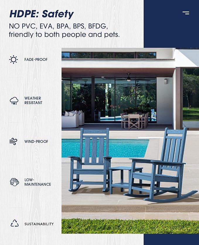KINGYES Oversized Outdoor Rocking Chair, All-Weather Patio Rocking Chairs for Porch, HDPE Outdoor Patio Rockers with High Back & Wide Seat for Garden, Lawn, Blue