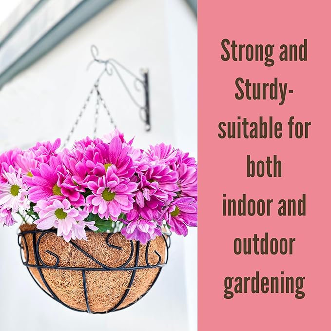 LaLaGreen Hanging Planter for Outdoor Plants (14 Inch, 4 Pack) Hanging Baskets with Coco Liner, Black Metal Wire Flower Basket Pots with Hook Hanger Balcony Porch Farmhouse Country Style Garden Decor
