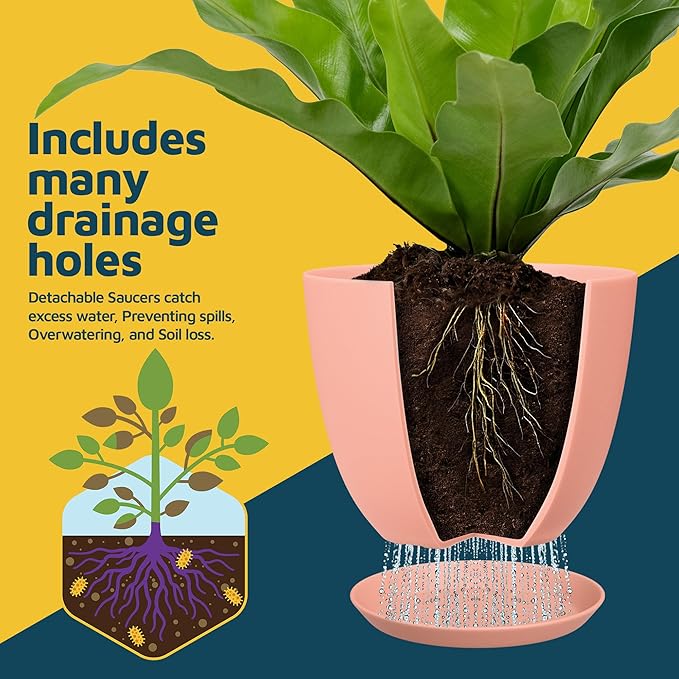 Planter Pots with Drainage Holes - Lightweight, Durable, and Space-Saving Pots for Indoor and Outdoor - Versatile Functionality, Simple Modern Design, Set of 10 Plastic Planter Pots - Pink