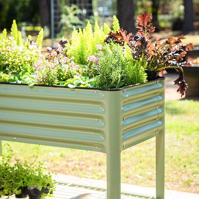 Elevated Raised Garden Bed-V Series, 2' x 8' Garden Beds with Legs & Storage Rack for Patio Porch, 1400 Lbs Weight Capacity, Outdoor Planter Boxes for Gardening Herbs Vegetables Flowers, Olive Green