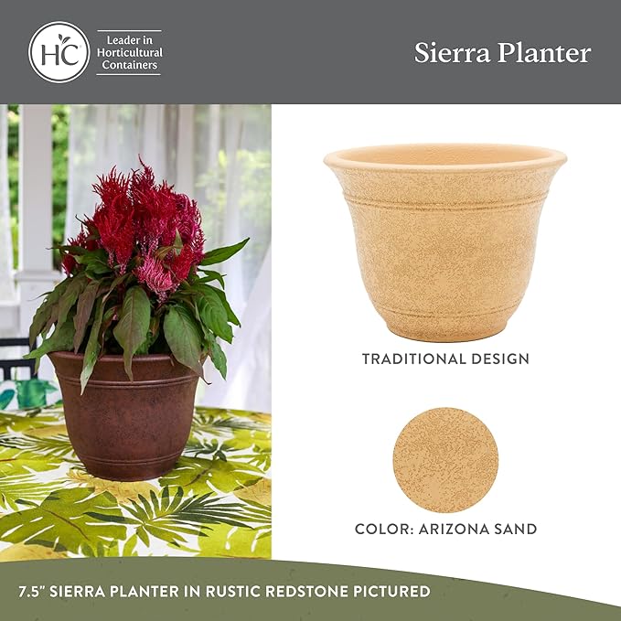 The HC Companies Sierra Round Self-Watering Pot - Lightweight Plastic Planter for Herbs & More - Durable Plant Pots for Indoor Plants & Outdoor Plants (10” Arizona Sand, Pack of 2)