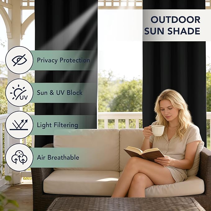 Black Outdoor Curtains for Patio Waterproof - 6 Panels Privacy Weatherproof Outside Curtains with Grommets for Pergola, Gazebo, Porch, Cabana, Balcony, 54 x 95 Inch