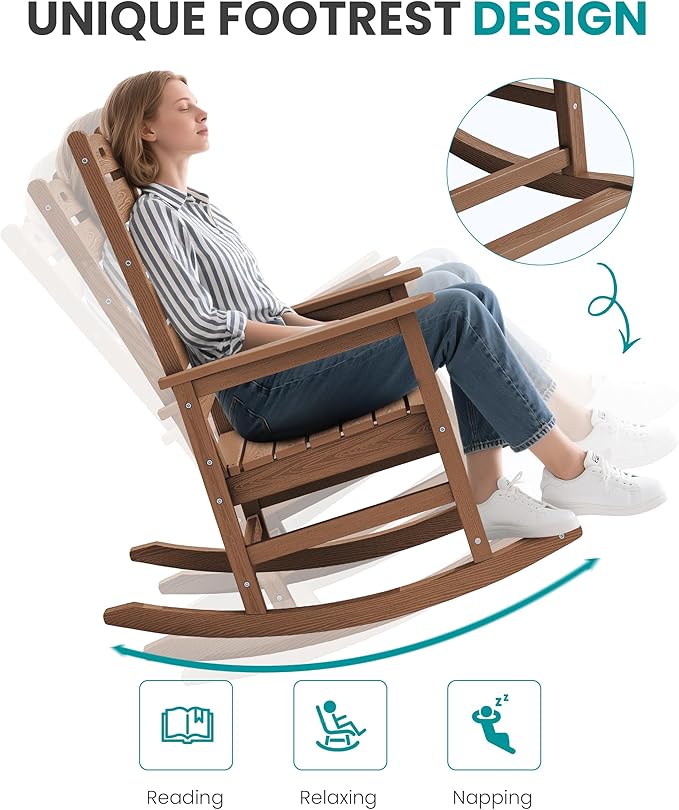 SERWALL Outdoor Rocking Chair, Oversized Rocking Chair with Footrest for Adults, HDPE All Weather Resistant Rocking Chairs for Patio, 350lbs Weight Capacity, Brown