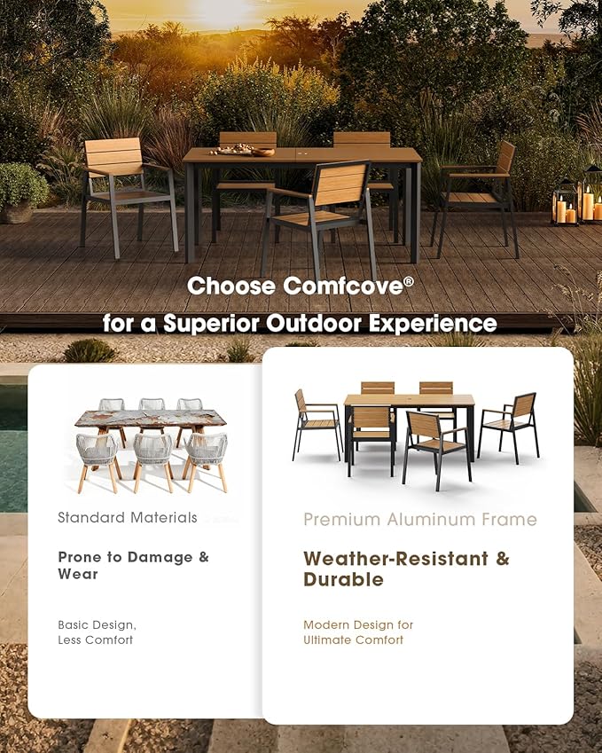 Outdoor Patio Dining Sets, Aluminum 5 Piece HDPS Outdoor Dining Table Set with Umbrella Hole, Modern Patio Furniture Set, Patio Dining Table and 4 Chairs (Gray & Teak)
