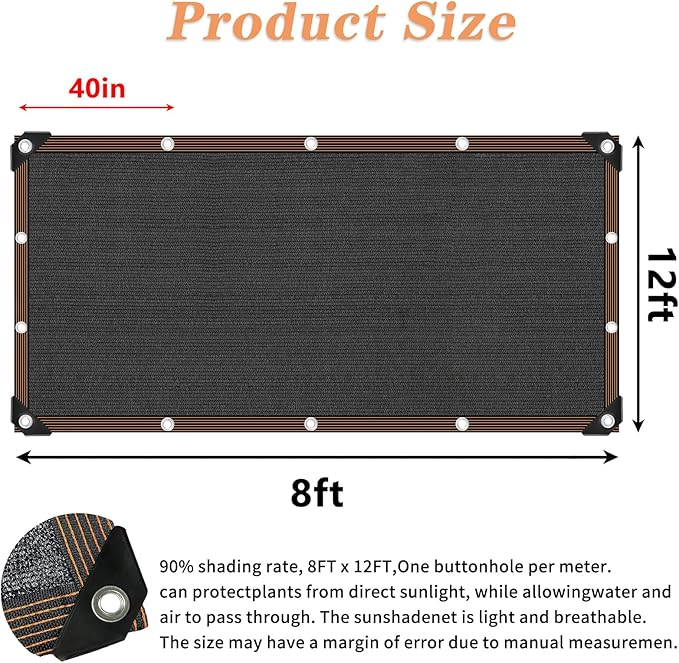 Shade Cloth for Plants Greenhouse, 80-90% Sunblock Shade Sails for Outdoor Garden Pergola Patio Lawn, Easier to Hang Sun Protection Neting Covers for Kennel Chicken Coop, 8x12 FT
