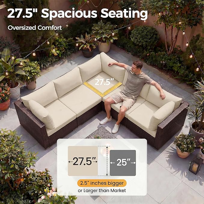 NICESOUL 8 Seat 29.3'' High Back Outdoor Furniture Set, Extra Large Rattan Patio Conversation Sets, Deep Seating Modular Sectional with Ottoman, Oversized Conversations for Backyard, Brown and Beige