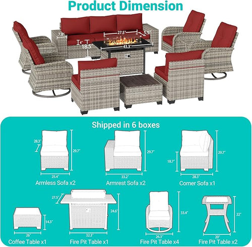 13-Piece Outdoor Patio Furniture Set with Rocking Swivel Chair, PE Wicker Rattan Sectional Sofa Patio Conversation Set with 55,000 BTU Fire Pit Table & Coffee Table, Red