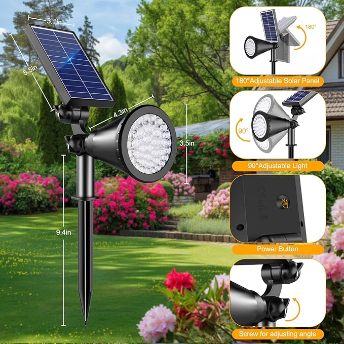 Solar Spotlight Outdoor Waterproof, 36 LED Outdoor Solar Lights with 2200mAh, 2-in-1 Wall or Ground Solar Flood Lights for Yard, Garden, Pathway, Auto On/Off Landscape Lighting- 4 Pack (Warm White)