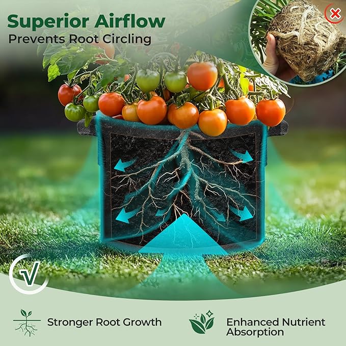 T4U 7 Gallon Grow Bags, Upgrade Grow Bags with Handles, Heavy Duty Thickened Nonwoven Fabric Pots, 7 Gallon Pots for Plants, Bell Pepper, Chili, Carrot, Kale (10 Pack)