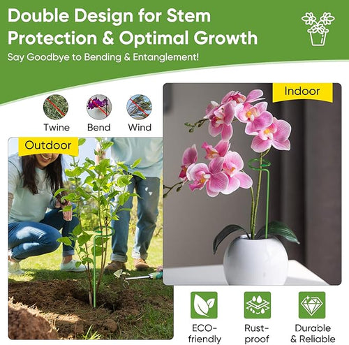12 Pack Plant Support Stakes with 24 Pcs Plant Clips, Garden Single Stem Support Stake, Plant Cage Support Ring for Indoor Outdoor Flowers Rose Amaryllis Tomatoes Peony Lily Orchid