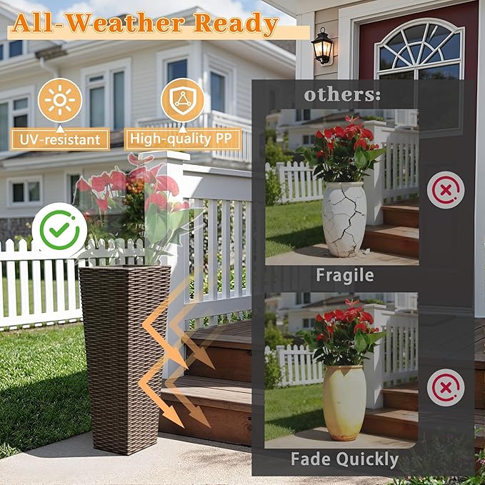 Greesum 24 Inch Tall Plastic Planters with Rattan Texture – Set of 2, Detachable Inner Pot & Drainage Holes, Indoor/Outdoor Decorative Flower Pots for Large Plants, Trees, Patio, and Garden, Brown