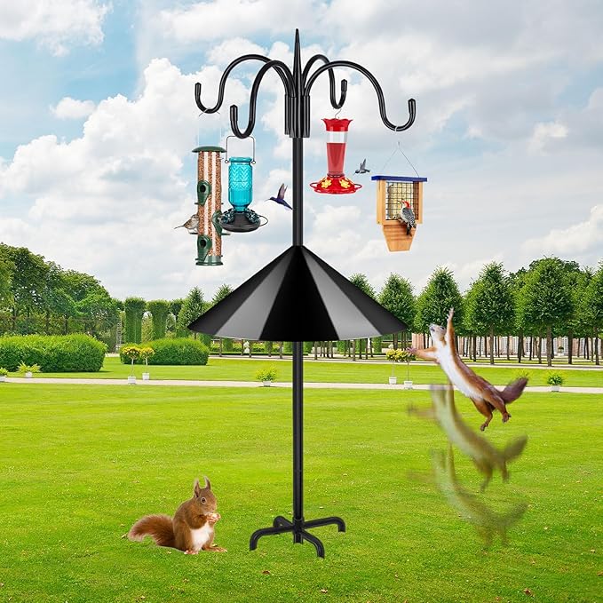 FEED GARDEN 4-Hook Squirrel-Proof Bird Feeder Pole - 92" Heavy-Duty Shepherd's Hook with 5-Prong Base & 19" Baffle for Multiple Feeders & Plants