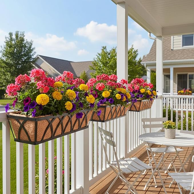 Window Deck Railing Planters Boxes with Coconut Liner, The Bottom Flat Window Boxes Planters Flower Boxes Metal Black Balcony Planter Railing Hanging for Outdoor Fence Porch Patio Lawn(4Pcs 30 Inch)