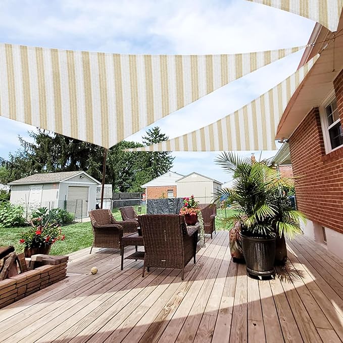 Patio Paradise 13' x 13' x 13' Sun Shade Sail Triangle Canopy Shade Cloth Fabric Sunlight Block Patio Pergola Cover HDPE Deck Awning for Outdoor Backyard Roof Shading, Beige White Strip