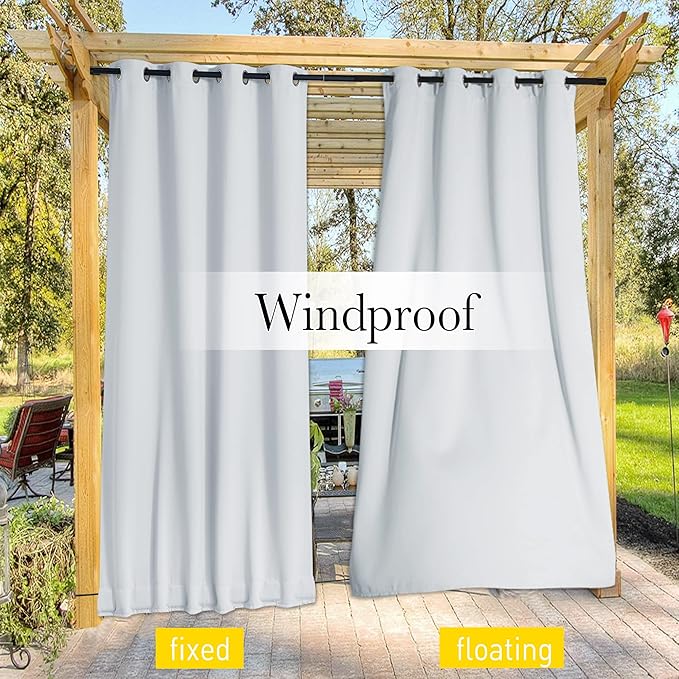 NICETOWN 2 Panels Outdoor Curtains for Patio Waterproof & Windproof, Grommet & Back Tab on Top & Bottom Weighted Drapes Keep Sun/Rain Out with Bouns Rope for Pergola, Greyish White, W66 x L84