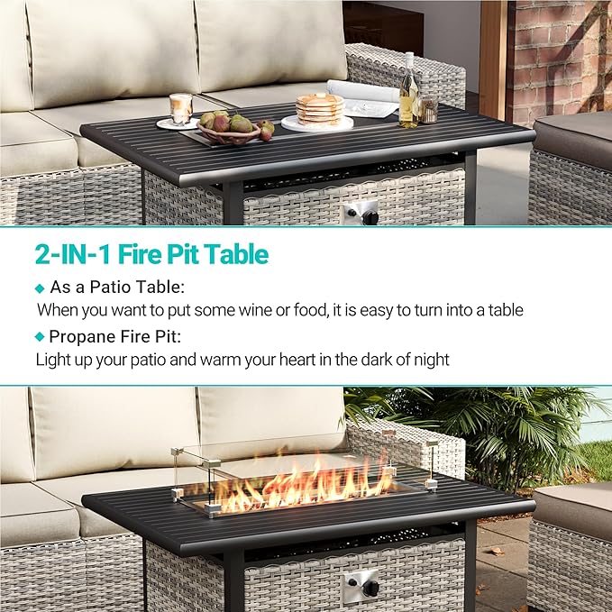 13-Piece Outdoor Patio Furniture Set with 55,000 BTU Fire Pit Table, PE Wicker Rattan Sectional Sofa Patio Conversation Set with Coffee Table, White