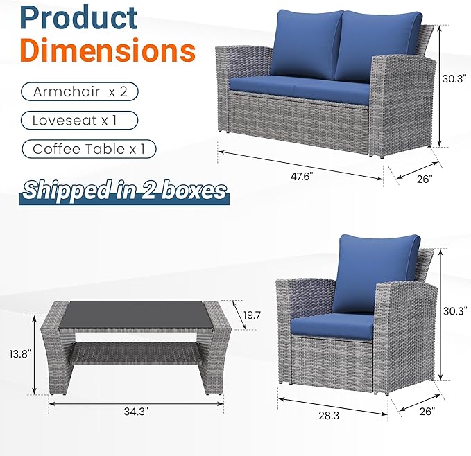 Wisteria Lane 4 Piece Patio Furniture Set, Wicker Outdoor Patio Conversation Furniture Set, All Weather Outdoor Patio Sofa with Cushion and Glass Table, Navy Blue