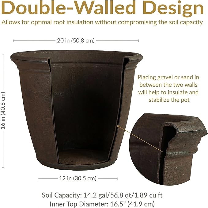 Sunnydaze 20-Inch Anjelica Large Plastic Pot for Plants - Outdoor Double-Walled Large Plastic Planter with Drillable Drainage Holes - Sable - 2pk