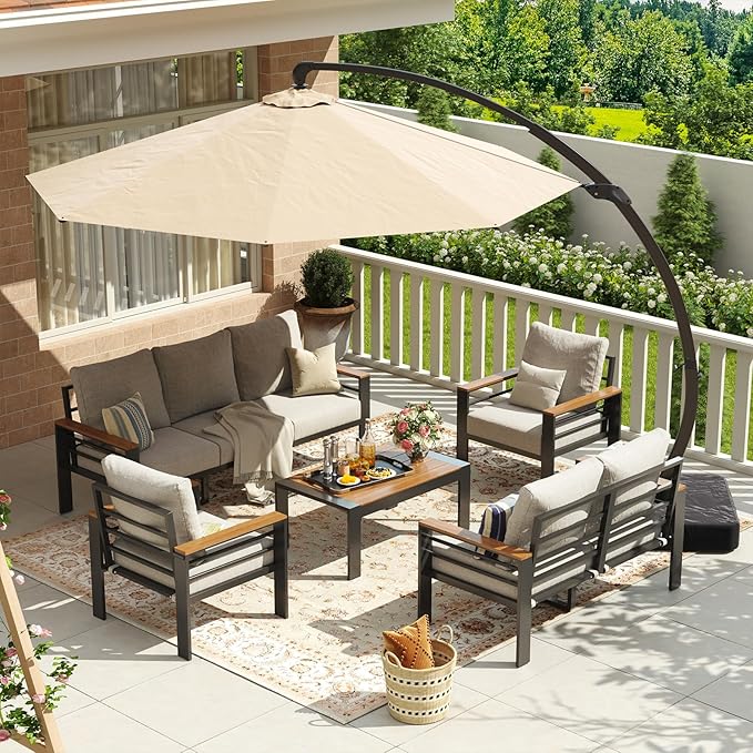 Aoxun Aluminum Patio Furniture Set with Umbrella 7 Seats, Oversized Outdoor Sectional with Washable Thick Cushions, Coffee Table and Waterproof Cover, Patio Conversation Sets for Porch, Balcony, Deck