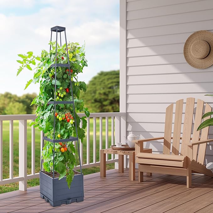 GENMOUS 4 Tiered Tomato Planter with Box Trellis, 56'' Raised Garden Bed Planter Boxes, Tomato Cages for Garden Patio Climbing Plants Vegetable Vine Flowers Outdoor & Indoor