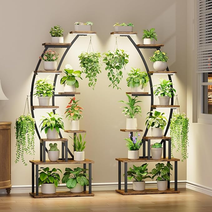Plant Stand Indoor with Grow Lights, 9 Tiered Metal Plant Shelf, 64" Tall Plant Stand for Indoor Plants Multiple, Large Plant Rack Display Shelf, Curved Plant Holder for Living Room, Patio
