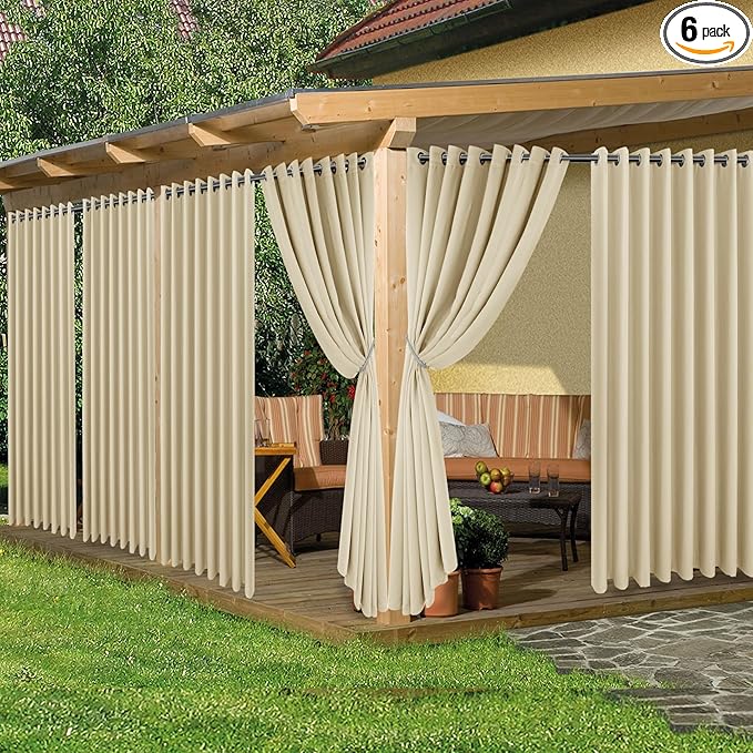 HolidayIdeas Extra Wide Outdoor Curtains for Patio Waterproof, 6 Panels - 110x84 Inches - Weatherproof Privacy Outsides Curtains for Backyard Porch Gazebo, Sunlight & UV Blocking (Cream, Grommet Top)
