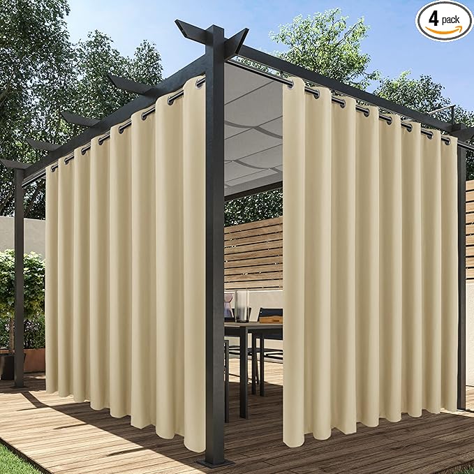 HolidayIdeas Extra Wide Outdoor Curtains for Patio Waterproof, 4 Panels - 110 x 84 Inch - Privacy & Light Filtering Curtains Cream Grommet Outside Curtains for Porch, Gazebo, Pergola, Backyard