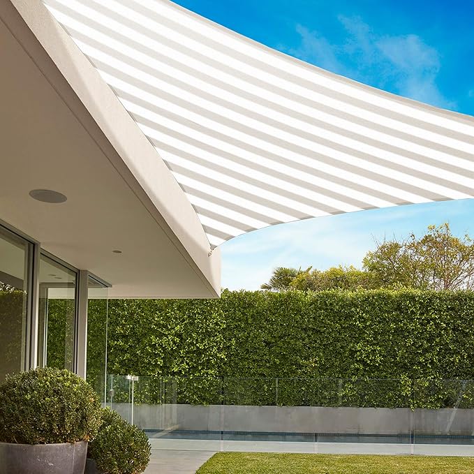 E&K Sunrise 26' x 26' x 26' Sun Shade Sail Triangle Canopy Shade Cover UV Block for Patio Backyard Garden Outdoor (Beige White Strip)